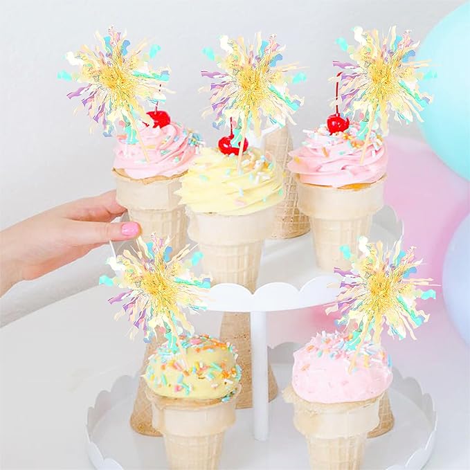 30 PCS Foil Firework Cupcake Toppers Sparkle Tinsel Cupcake Picks Happy Birthday Cake Decorations Drink Stirrers Cocktail Food Fruit Toothpicks for Baby Shower Graduation Party Supplies Yellow