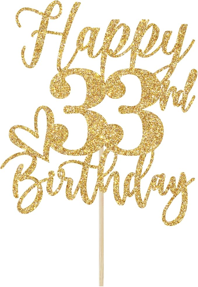 Gold Glitter Happy Birthday Cake Topper, Funny 33rd Birthday Party Supplies