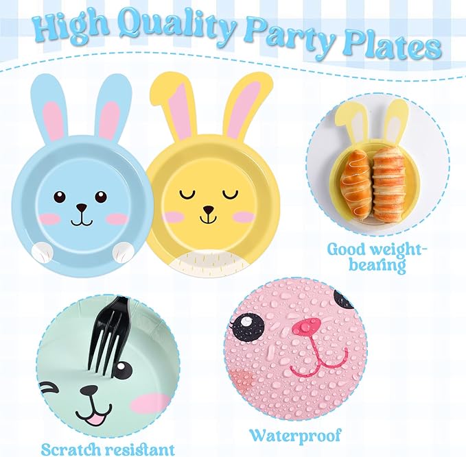 48pcs Easter Bunny Paper Plates Rabbit Tableware Decorations Spring Easter Bunny Shaped Dinnerware Set Rabbit Paper Plates Disposable 7 Inch Dessert Dinner Plates for Party Supplies Decoration