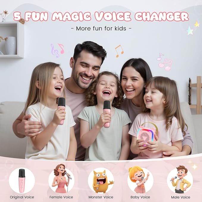 Mini Karaoke Machine for Kids,Portable Bluetooth Speaker with 2 Microphones,Music Player for Singing and Party,Ideas Birthday Toys Gifts for Girls Boys 3,4,5,6,7,8,9,10,11,12+ Years Old (Pink)