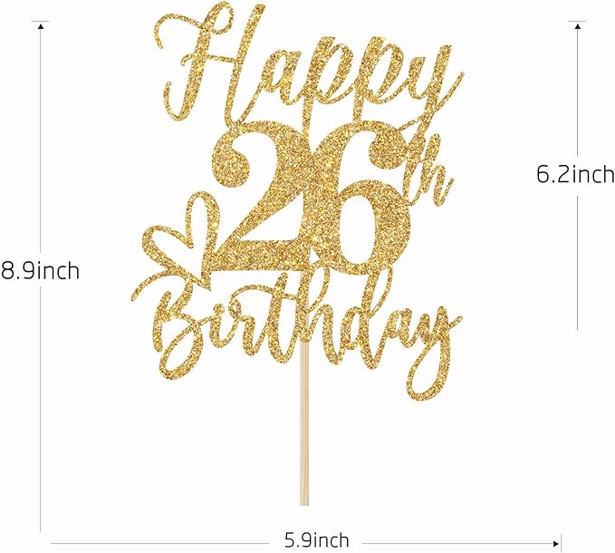 Gold Glitter Happy Birthday Cake Topper, Funny 26th Birthday Party Supplies