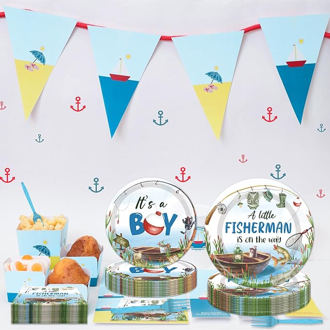 96PCS Fishing Baby Shower Plates and Napkins Party Supplies Fishing Baby Shower Decorations A Little Fisherman is on the Way Gone Fish Party Decorations Disposable Tableware Set Serve 24 Guests