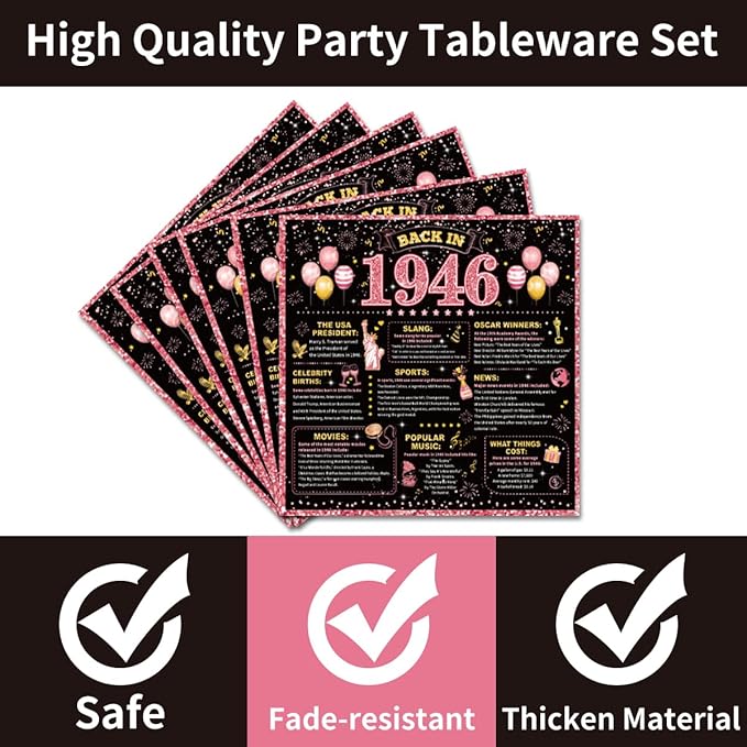 96Pcs 80th Birthday Decorations Women Tableware Set Rose Gold Back in 1946 Paper Plates Napkins Forks Cheers to 80 Years Disposable Tableware Decor for 80th Bday Theme Party Favor Serve 24 Guests