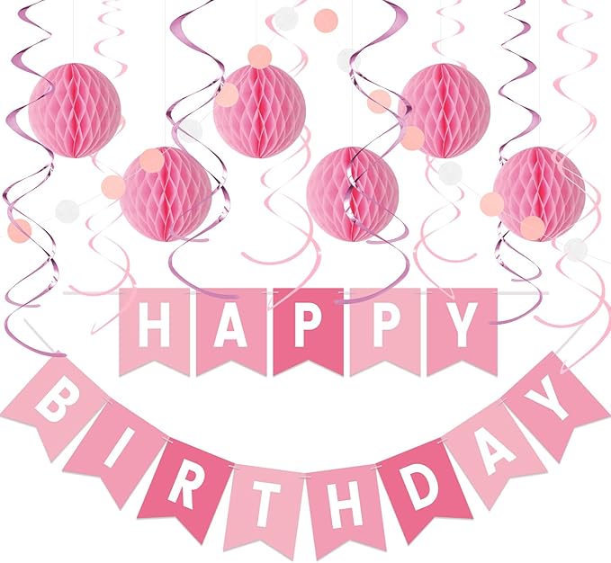 Pink Birthday Decorations Kit - 16-Piece Set with Pre-Strung Happy Birthday Banner, Honeycomb Balls, Garland & Swirls | Pink Theme Party Supplies for Women Girls Kids, Teens Adults