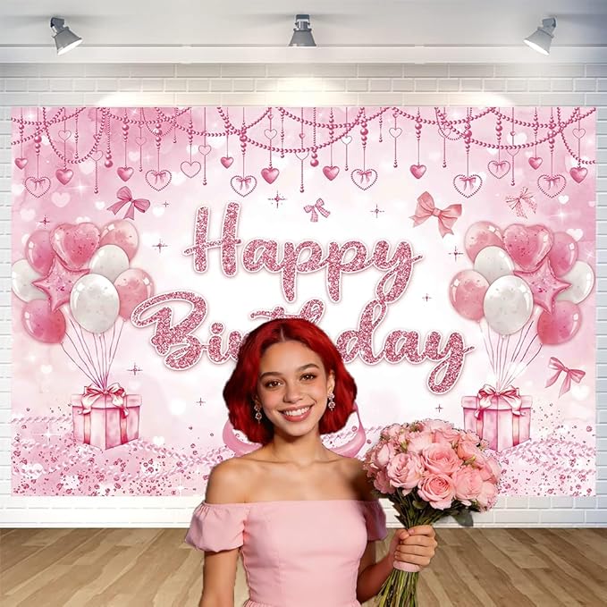 Pink Heart Bow Happy Birthday Backdrop Decorations Bow Banner Pink Bowknot Photo Background for Girls Birthday Party Decorations Supplies 70.8 x 47.2 Inch