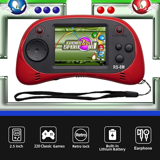 Kids Handheld Games 16 Bit Retro Video Games Console with 220 HD Electronic Games - 2.5'' LCD Portable Travel Games Entertainment Gifts for Boys Girls Ages 4-12 (Classic Red)