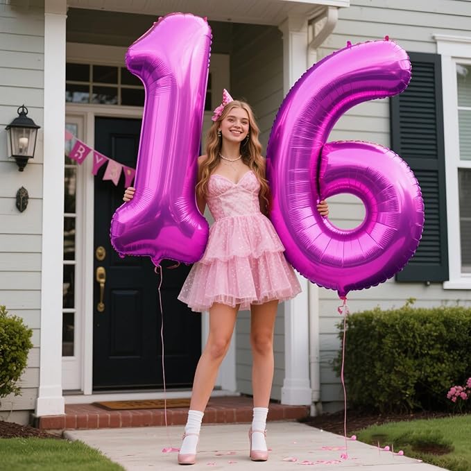 40 Inch Large 16 Balloon Numbers Rose Purple Big Foil Number Balloons Giant Helium Happy Birthday Party Decorations for Man and Women, Huge Mylar Anniversary Party Supplies