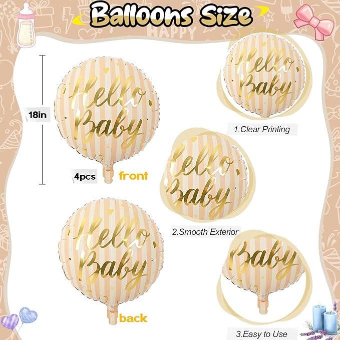18" Hello Baby Foil Balloons for Welcome Baby Party Decorations, 4pcs Light Pastel Orange Cream Mylar Balloons, Peach Beige Gold Balloon for Gender Neutral Baby Shower Sip and See Party Decor Supplies