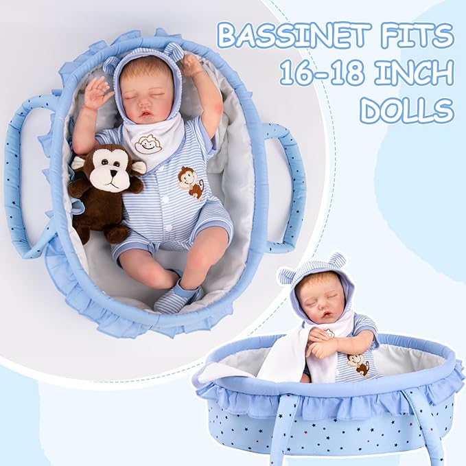 Aori Reborn Baby Dolls Outfit Set with Bassinet Accessories 7 Pieces - Realistic Babies Carrier Bed and Clothes for 16-18 Inch Newborn Lifelike Reborn Doll, Blue