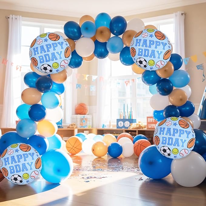 Sports Birthday Balloons Party Decorations, 18 Inch Inflatable HAPPY BDAY Mylar Foil Sports Balloon with Baseball Volleyball Basketball Soccer Game Print for Boy Baby Shower Birthday Party Decorations