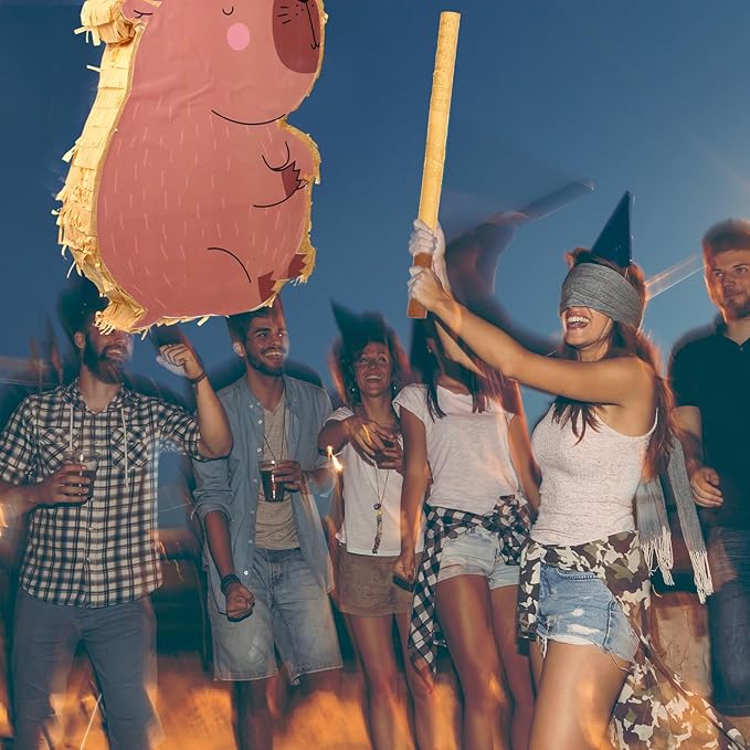 Capybara Piñata for Kids Birthday Party 15.7 x 10 x 2.8 Inches Animal Piñata with Bat Blindfold and Confetti for Baby Shower Photo Props Cinco De Mayo Fiesta Decoration