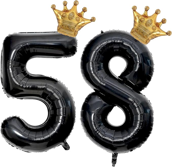 40 inch Large Black 58 Balloon Number with Gold Crown Balloons 58th Birthday Big Foil Mylar Helium Balloon for Women Man 58th Birthday Anniversary Decorations Supplies Favors(Number 58 Balloons）