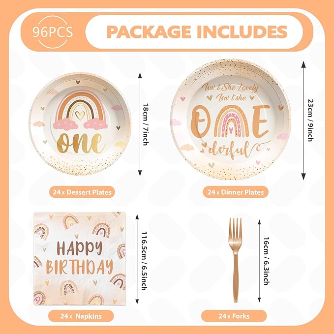 96Pcs Boho Rainbow 1st Birthday Decorations Isn't She Onederful Plates and Napkins Tableware Set Boho First Birthday Party Supplies for Onederful 1st Birthday Girl One Year Old Birthday Decor Serves24