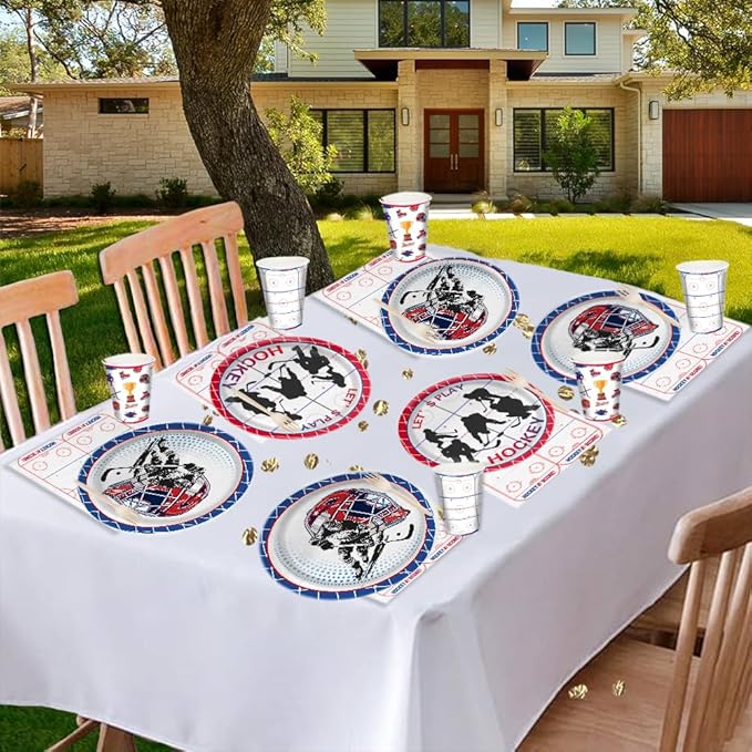 104 PCS Hockey Party Table Supplies Kit Serve 26, Includes Dinner Plates, Dessert Plates, Napkins, Cups for Ice Hockey Birthday Party Sport Events Decorations Favors