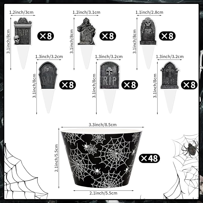 48 Pack Halloween Cupcake Toppers and Black Spider Web Wrappers, Tombstones Skeleton Cupcake Picks Decoration for Halloween Party Birthday Party Supplies