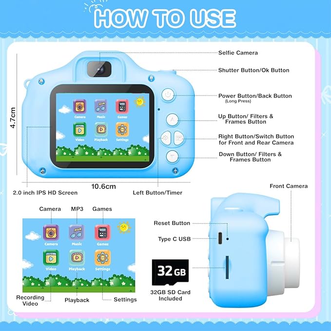 Wembley Kids Camera for Boys & Girls 3–8 Years | Digital Camera for Kids 1080P Selfie Video | Toddler Camera Rechargeable with Games | 32GB Card | Silicone Cover | Dinosaur Birthday Gift - Blue