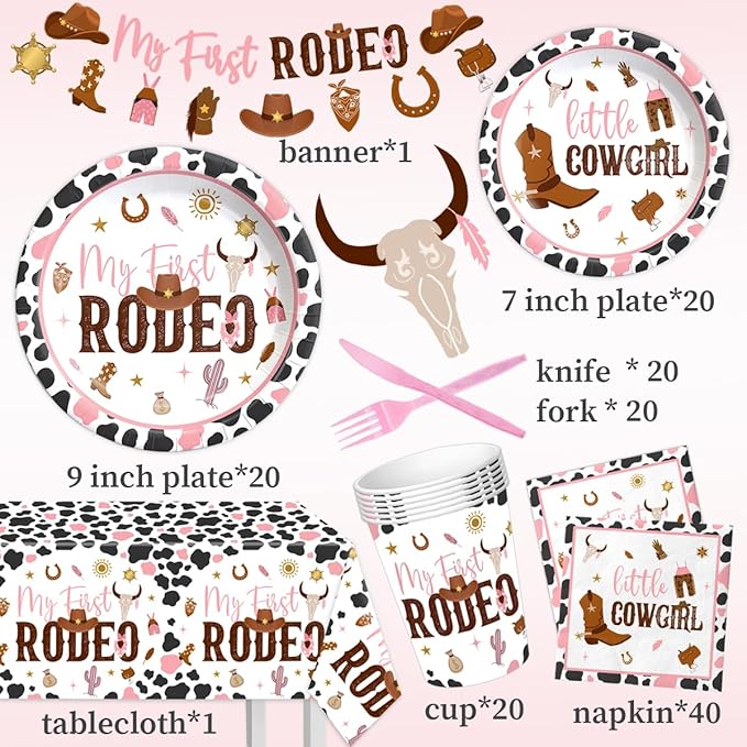 My First Rodeo Birthday Decorations - 142Pcs Western Cowgirl Tableware for 1st Birthday Party Supplies, Pink Baby Shower Dinnerware for Girl