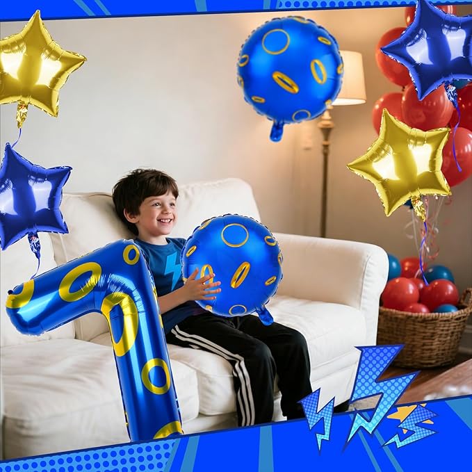 40 Inch Blue and Golden Ring Themed Number Balloon, Number Block Foil Number 7 Balloons Large Big Numbers Helium Balloon for Girls Boys 7th Birthday Theme Party Decorations (Number 7)