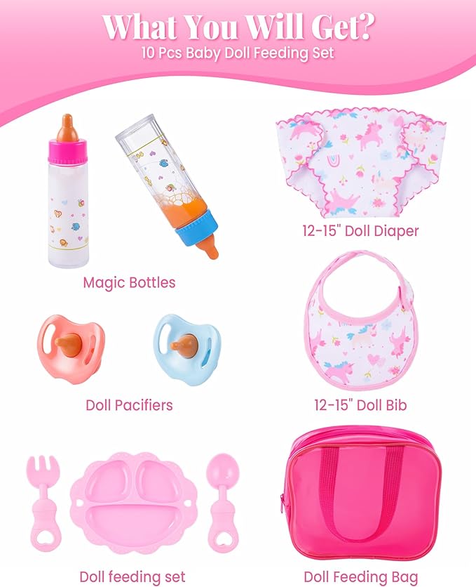 BABESIDE Baby Doll Accessories, 10 Pcs Disappearing Doll Feeding Set for Toy Stroller, Doll Care Pretend Play Kit with Magic Bottles, Pacifiers, Bib, Diaper & Carry Bag for 12–15 Inch Dolls