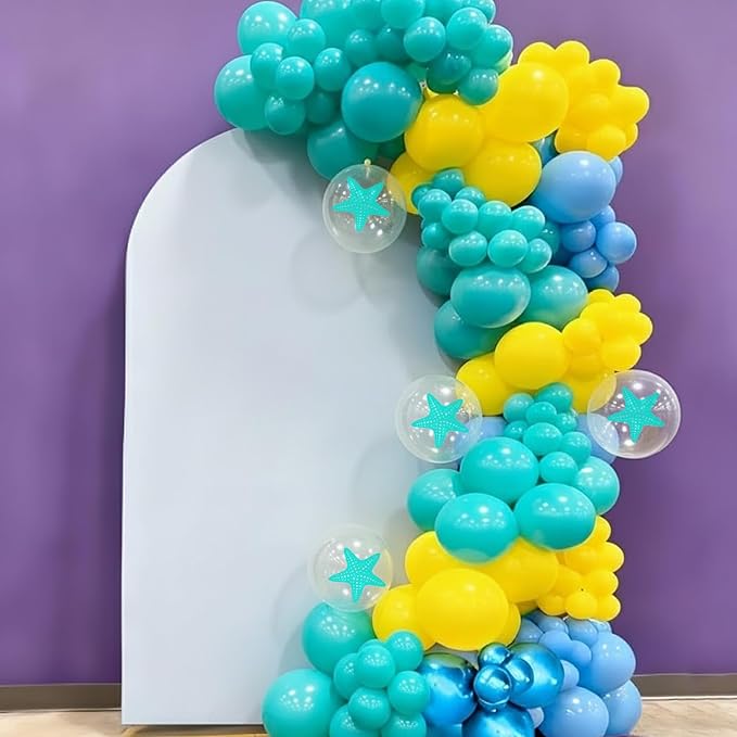Blue and Yellow Balloons, 50PC 12 Inch Yellow Light Metallic Blue Teal Transparent Starfish Print Balloons for Ocean Themed Birthday Baby Shower Beach Pool Party Decorations