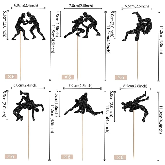 24 PCS Wrestling Cupcake Toppers Glitter Wrestler Cupcake Picks Wrestling Birthday Party Decorations for Sport Theme Boys Men Birthday Party Cake Decorations Supplies Black