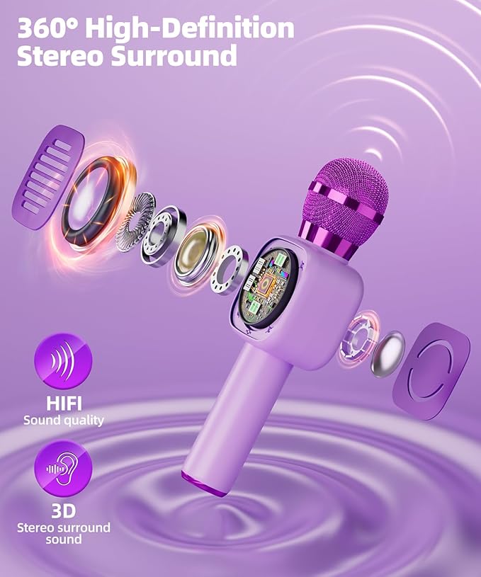 Bluetooth Karaoke Microphone Toy for Kids - Mini Portable Speaker with LED Lights, Wireless Pairing (TWS) for Duet Singing, Christmas Birthday Gift Toys for Boys & Girls Ages 2-12 (purple - 1)