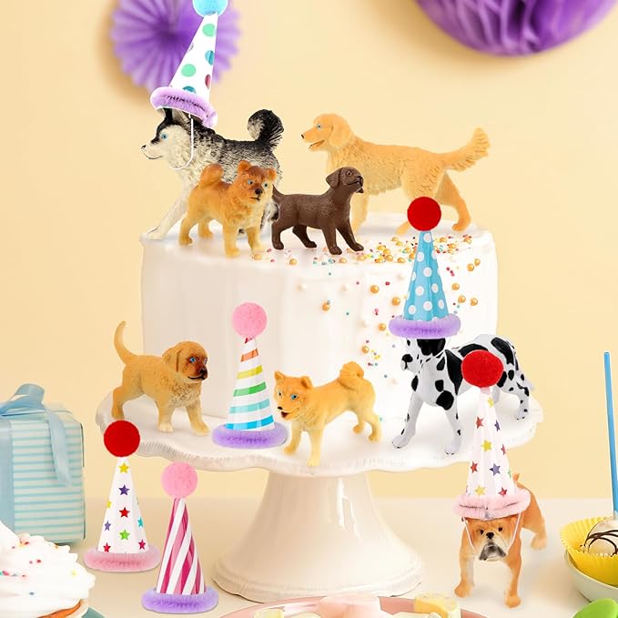Hooqict 20Pcs Dog Cake Topper Animals Figures with Mini Party Hats Dog Birthday Cake Decorations Cupcake Toppers for Puppy Themed Birthday Party Decorations