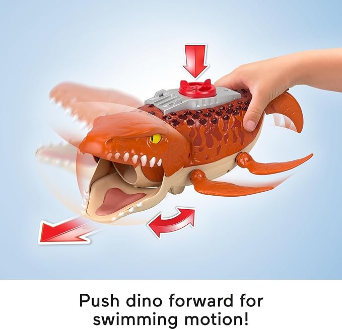 Fisher-Price Imaginext Jurassic World Rebirth Aquachomp Chase Mosasaurus 18-inch Dinosaur Toy with 3-inch Action Figure, Launcher Boat & 2 Projectiles