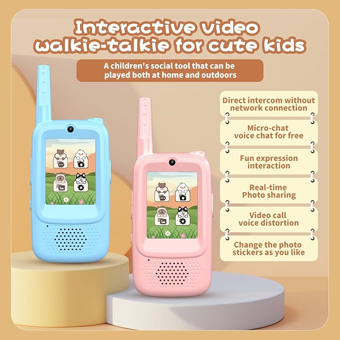 Kids Video Walkie Talkie Set, 2 Video Walkie Talkie Toys for Kids with 2.0" Screen, Voice Changer, Voice Chat,Photo Share,Emojis,300m Range, Blue and Pink, for Children 3-12 Years (Pink+Blue)