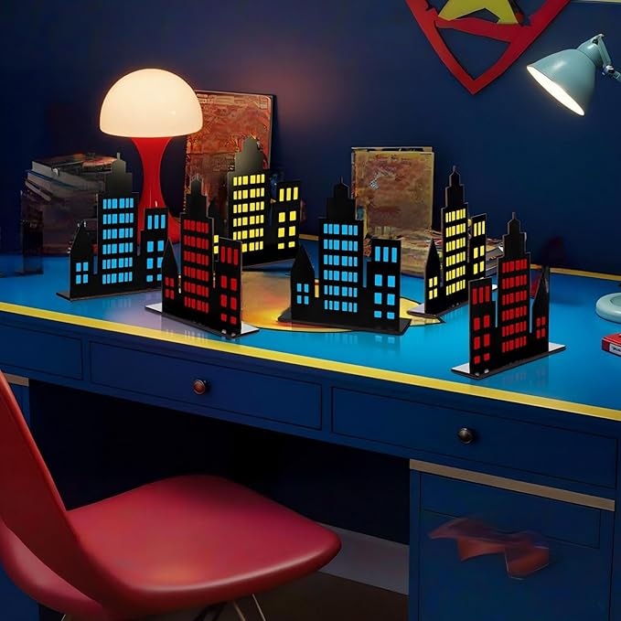 Geelin 6 Pcs Skyscraper Party Decorations Hero Party Decorations New York City Wood NYC Centerpieces City Skyline Building Decor for Comic Birthday Favors Supplies(Solid Style,Multicolor)