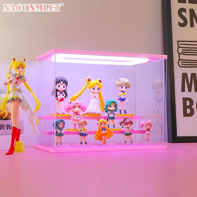 Clear Acrylic Display Case for Action Figure Pop mart Display- Funko Pop Dustproof Showcase with Lighting,Multiple Layers for Collectibles(3 Tier-W*D*H-12.6"x7.5"x10.2"inches)