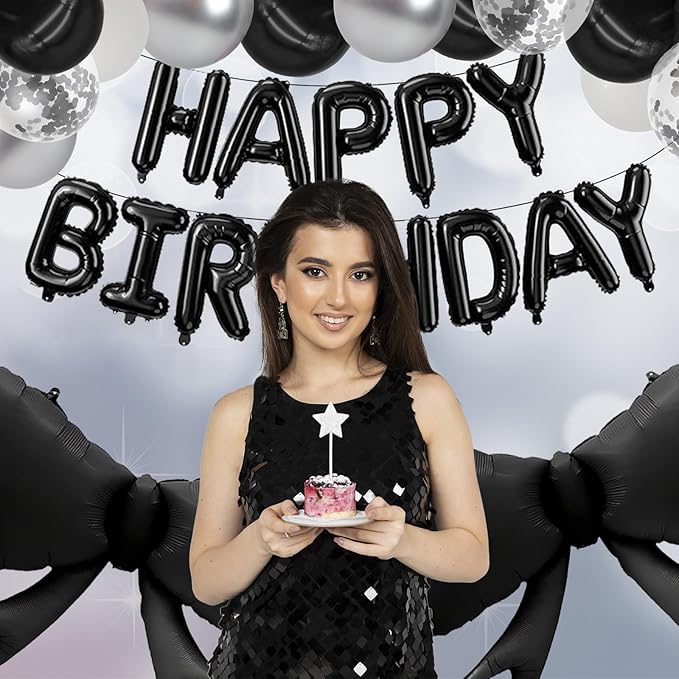 ZHENGYE Black Bow Birthday Party Decorations Happy Birthday Banner Aluminum Foil Letters Balloons Bow Balloon Latex balloons Bow Themed Birthday Party Decorations Supplies
