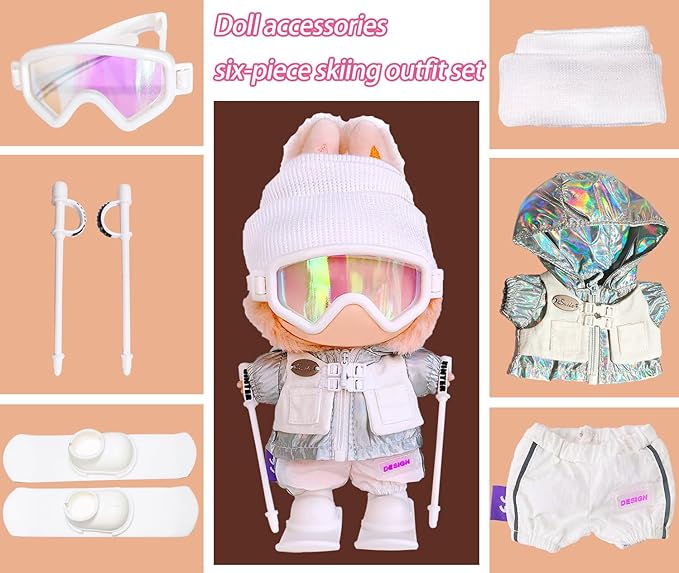 17cm Doll Clothes and Accessories Set for Lububu- Winter Snow Themed Ski Outfits with Mini Hat, Jacket, Pants, Poles, Goggles & Skis, Designer Clothing for Doll Dress-Up and Display(White)
