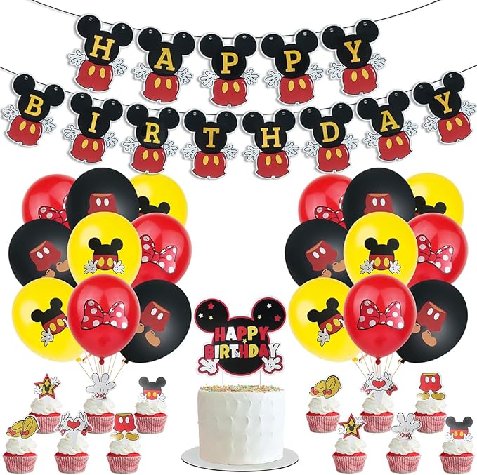 Cartoon Mouse Birthday Party Decorations Boy Party Supplies Includes Mouse Birthday Banner Cake Cupcake Toppers Latex Balloons