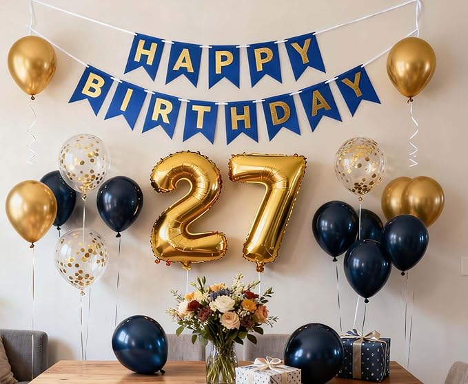 27th Birthday Party Decorations Navy Blue, Blue Birthday Banner Number 27 Foil Confetti Balloons for 27 Year Old Men Him Her Boyfriend Party Balloons Supplies(27th)