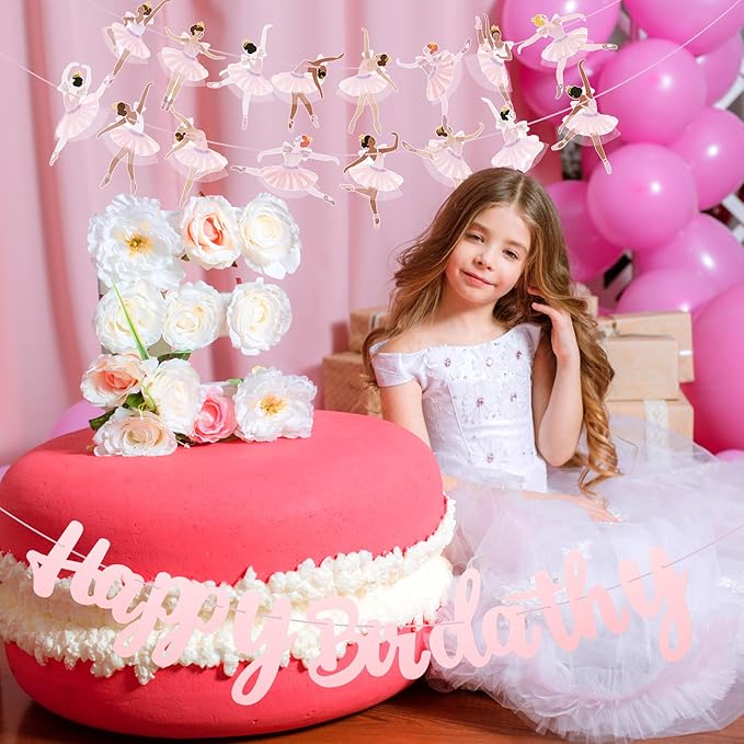 3 Pcs Ballerina Dancer Happy Birthday Banners Ballet Dancing Hanging Garland Pink Ballerina Party Decorations for Girls Women Birthday Wedding Ballet Theme Baby Shower Party Supplies
