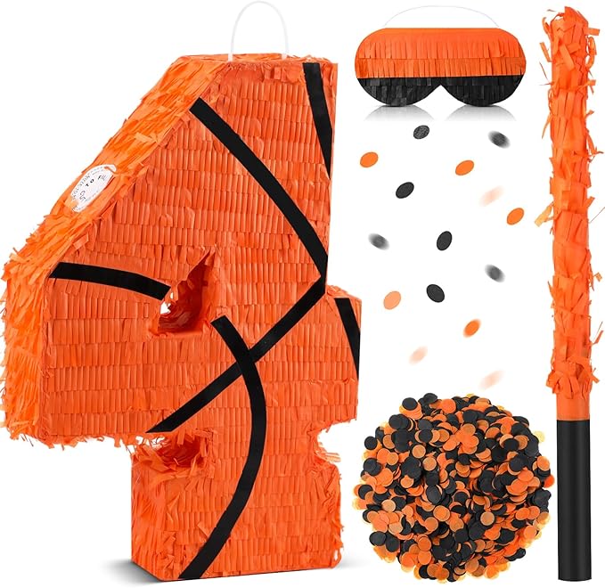 Soulchen Basketball Number 2 3 4 8 Pinata Basketball Party Decorations 16 Inch Piñata with Blindfold Stick and Confetti for Birthday Sports Theme Party Supplies Centerpiece(Number 4)