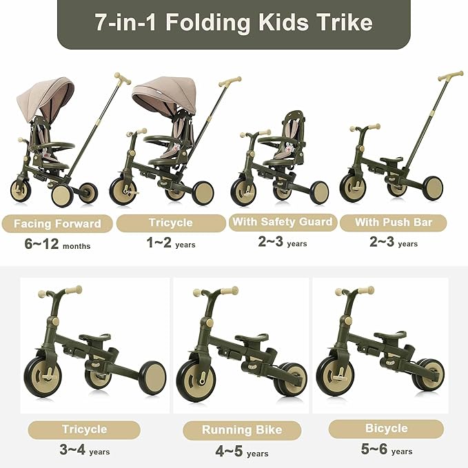 7-in-1 Baby Tricycle with Adjustable Parent Handle - Foldable Toddler Bike w/Removable Canopy & Guardrail, Aluminum Alloy Frame Stroller Bike for 1-6 Years Old (12-72 Months) (Dark Green-1)