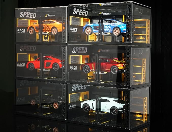 PVC Display Case DIY Simulation Scenario Die-cast Model with LED Light, Garage Scene Model for Motorcycle Car Models Collectibles Assemble (10x6x5inch)