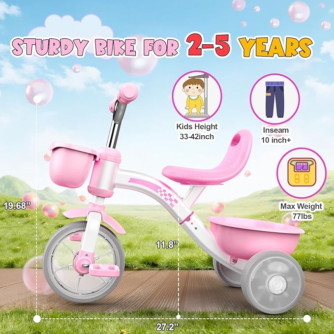 Toddler Tricycle for 1-3 3-5 Year Olds, 2 3 4 5 Year Old Girl Birthday Gifts, Pink Toddler Baby Bike, 4-Level Adjustable Seat, 3 Color Light Wheels, 2 Baskets, Outdoor Riding Toys for Ages 2-4