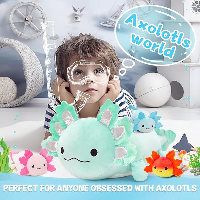 4Pcs Axolotl Plush, Large Salamander Stuffed Animal Mommy 24" with 3 Babies in Tummy, Plushie Pillow Gifts for Kids