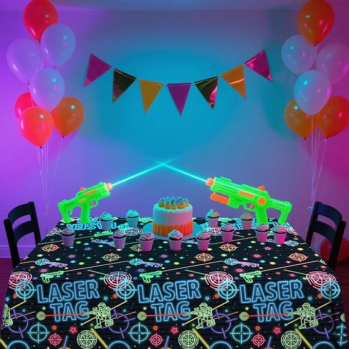 4 Pack Laser Tag Party Tablecloth Decoration - Laser Tag Party Decoration, Neon Glow Tablecover Neon Glow Table Cloth, for Shooting Game Supplies (51 x 86 Inches)