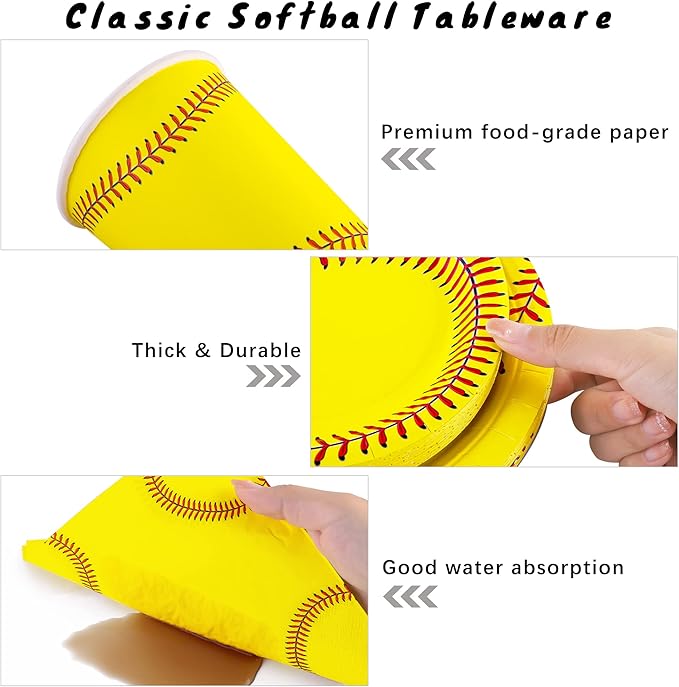 durony 144 Pieces Softball Paper Plates and Napkins Dinnerware Set Softball Birthday Party Tableware Supplies Includes Paper Plates Napkins Forks Serve 24 for Sports Party Supplies