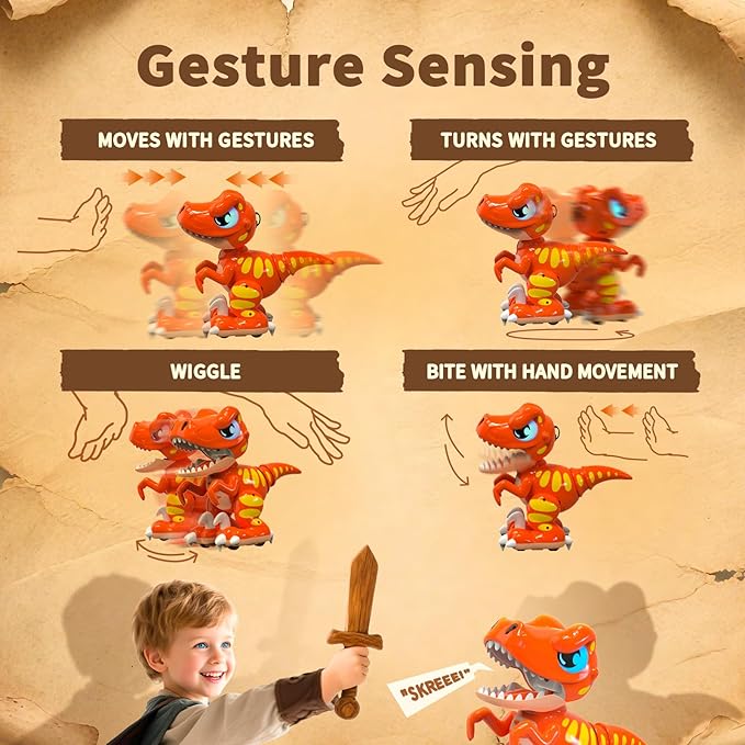 P&C Remote Control Dinosaur Toys for Kids Rechargeable Gesture Sensing Robot Velociraptor Toy with Spraying,Sound Effects,Dancing,2.4Ghz RC Dino for Boy&Girl 3-12 STEM Gifts for Kid (Orange)