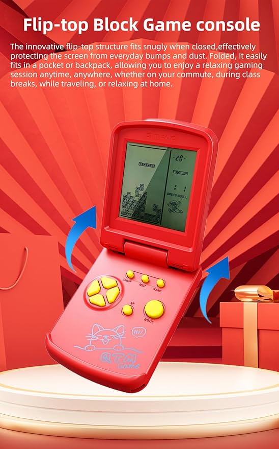 JXD 3.5-Inch Screen Block Game Console with Unique Flip Design Built-in 26 Retro Games Multiple Modes Adjustable Difficulty/Speed Children's Educational Game Toys Christmas (Black)