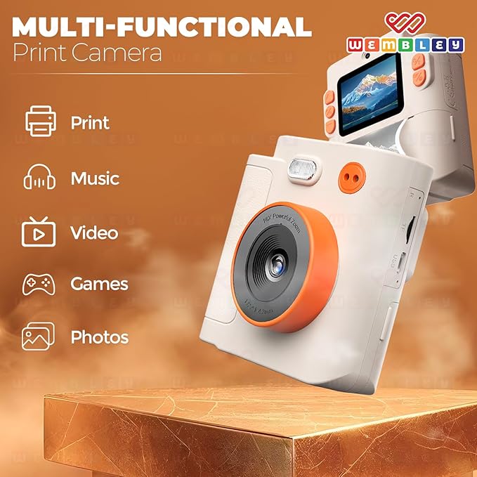 Wembley Kids Camera Instant Print | Birthday Gift Toys for Boys & Girls 3–10 Years | Unicorn Digital Dual Lens Toddler Camera Thermal Printer | 48MP 1080P Selfie & Video | 16X Zoom 32GB SD Card -Cream