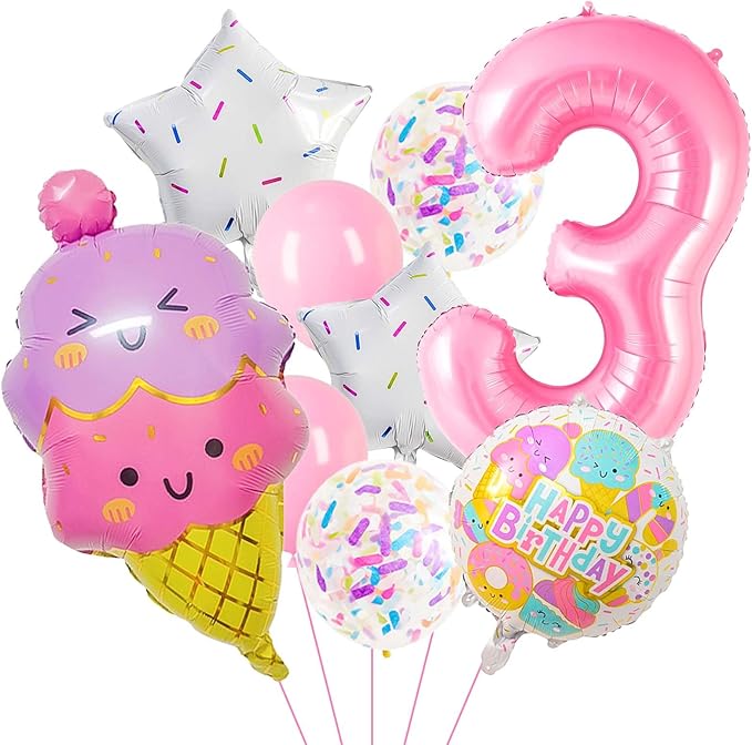 Pink Ice Cream Balloons, 3 Balloon Number, 3rd Birthday Decorations for Girls, Ice Cream Balloon for Girls Birthday Party Decoration (3)