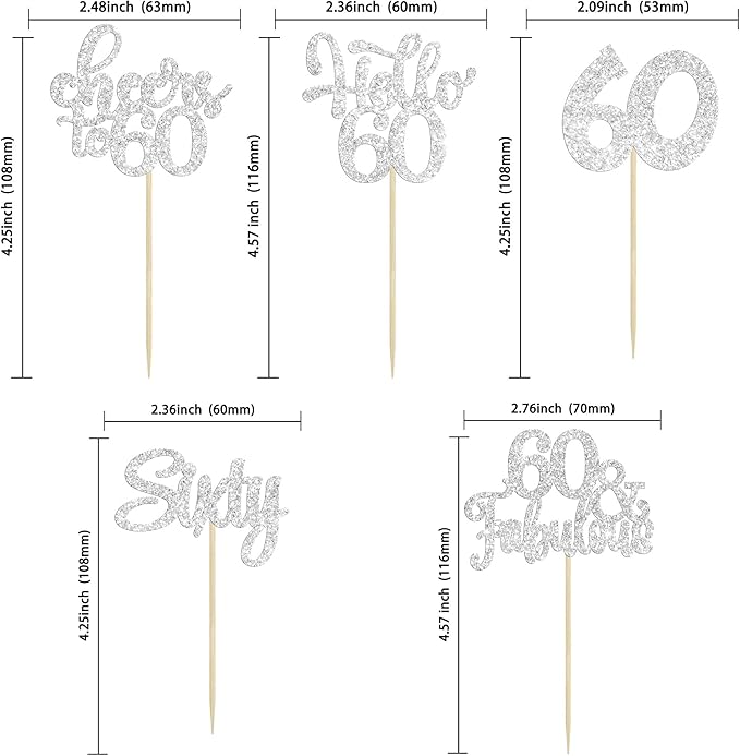 30Pcs Happy 60th Birthday Cupcake Toppers Silver Glitter Sixty Cake Toppers Cheers to 60 Years Old Birthday Cupcake Picks for 60th Anniversary Party Cake Decorations Supplies