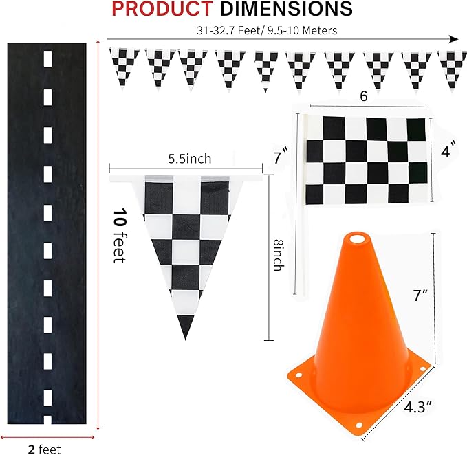 Race Car Birthday Decorations,Racecar Centerpiece Decoration,7in Orange Racing Cones(12),Checkered Flags (24), Racetrack Floor Runner,Checkered Banner,Car Theme Party Supplies(39PCS)