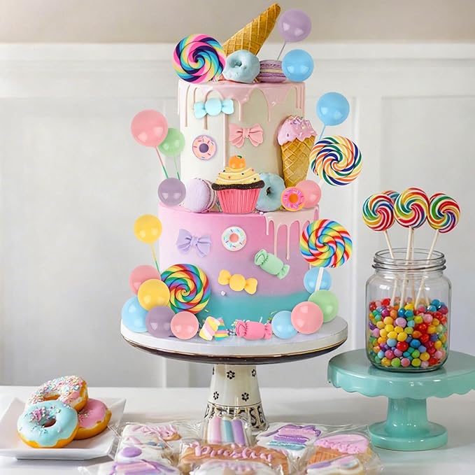 Hooqict 33Pcs Candy Cake Decorations with Lollipop Cupcake Donut Candy Cake Topper for Kids Girls Candyland Christmas Party Decorations Colorful Sweet Birthday Party Supplies